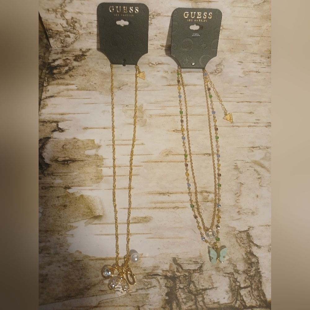 NWT 2 GUESS Gold Bee Pearl Diamond Red Blue Green Butterfly Pendant Necklace Set